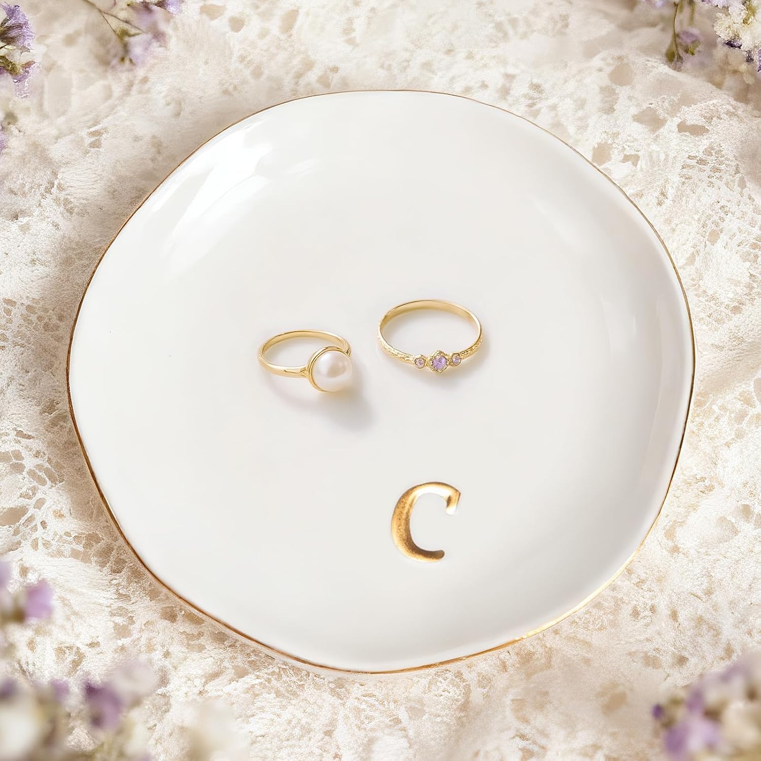 Initials Ring Dish Jewery Tray Ceramic Jewelry Tray Engagement Wedding Gifts for Friends,Sister,Birthday for Women, 4.75"