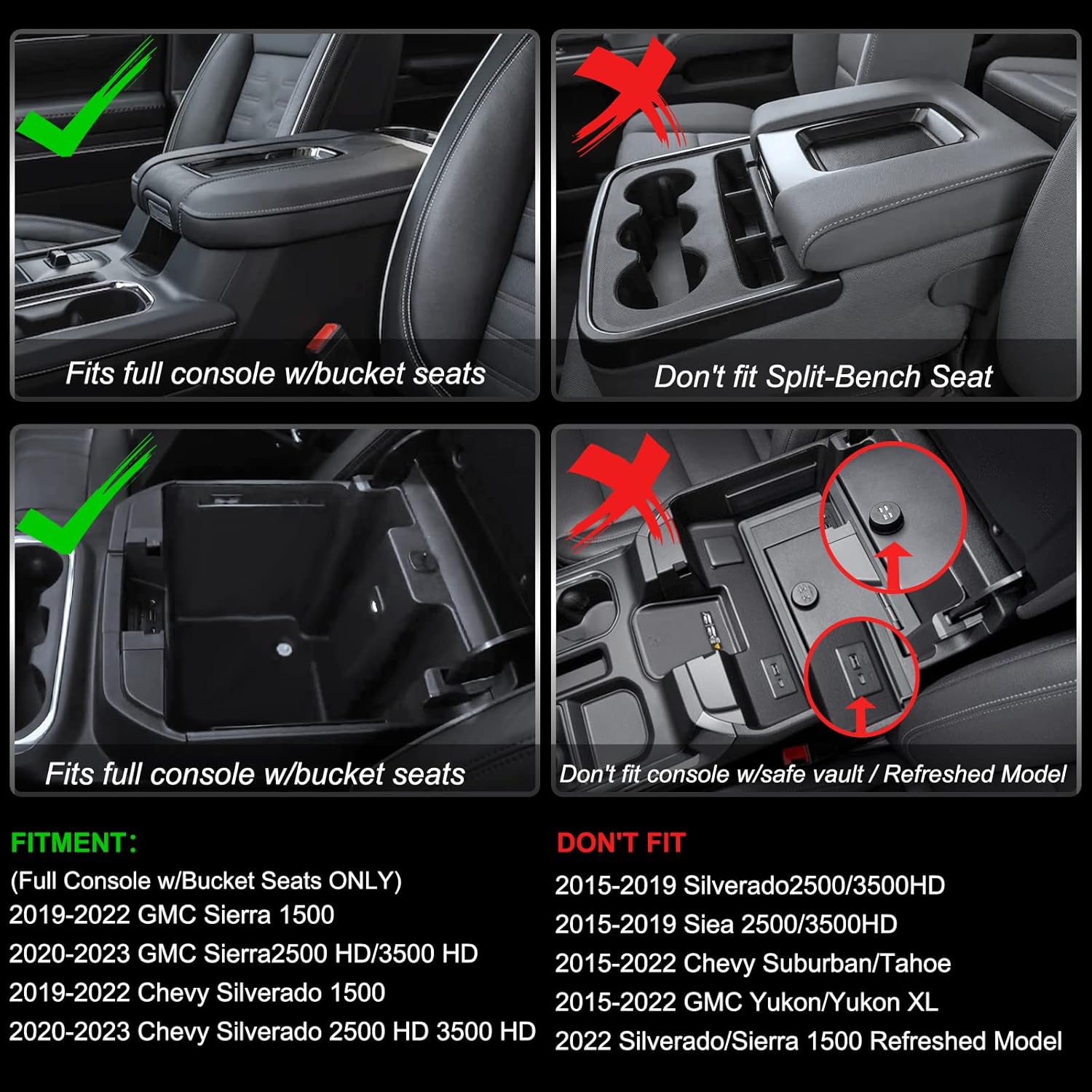 Center Console Organizer Compatible with 2019-2022 GMC Sierra/Chevy Silverado 1500 and 2020 2021-2023 Sierra/Silverado 2500HD/3500HD Accessories, Armrest Tray (Full Console w/Bucket Seats ONLY)