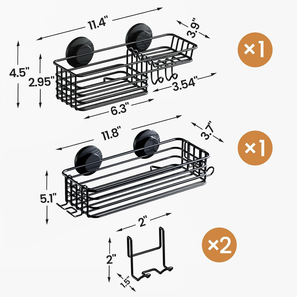LEVERLOC Shower Caddy Suction Cup, 2 Pack suction shower shelf with Hooks & Soap holder, NO-Drilling Bathroom Holder, Rustproof bathroom organizer, Black