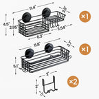 LEVERLOC Shower Caddy Suction Cup, 2 Pack suction shower shelf with Hooks & Soap holder, NO-Drilling Bathroom Holder, Rustproof bathroom organizer, Black