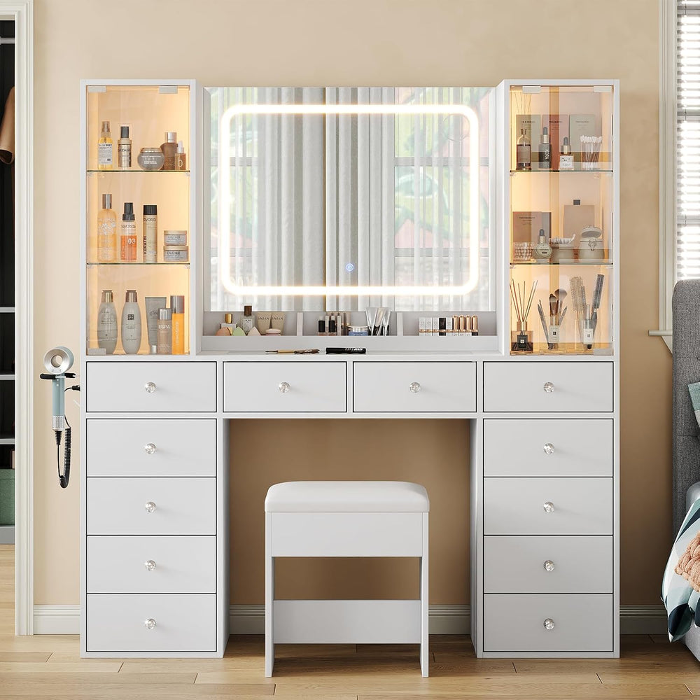 Yanosaku Vanity with 12 Drawers & 2 RBG Lights Cabinets, Makeup Vanity wi...