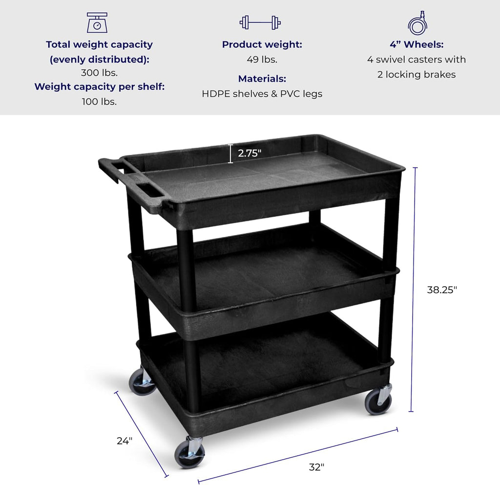 Stand Steady Tubstr Large 3 Shelf Utility Cart | Heavy Duty, Black HDPE & PVC, Holds Up to 300 lbs. | Storage & Rolling Tool Cart for School, Office, Garage & Warehouse