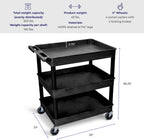 Stand Steady Tubstr Large 3 Shelf Utility Cart | Heavy Duty, Black HDPE & PVC, Holds Up to 300 lbs. | Storage & Rolling Tool Cart for School, Office, Garage & Warehouse