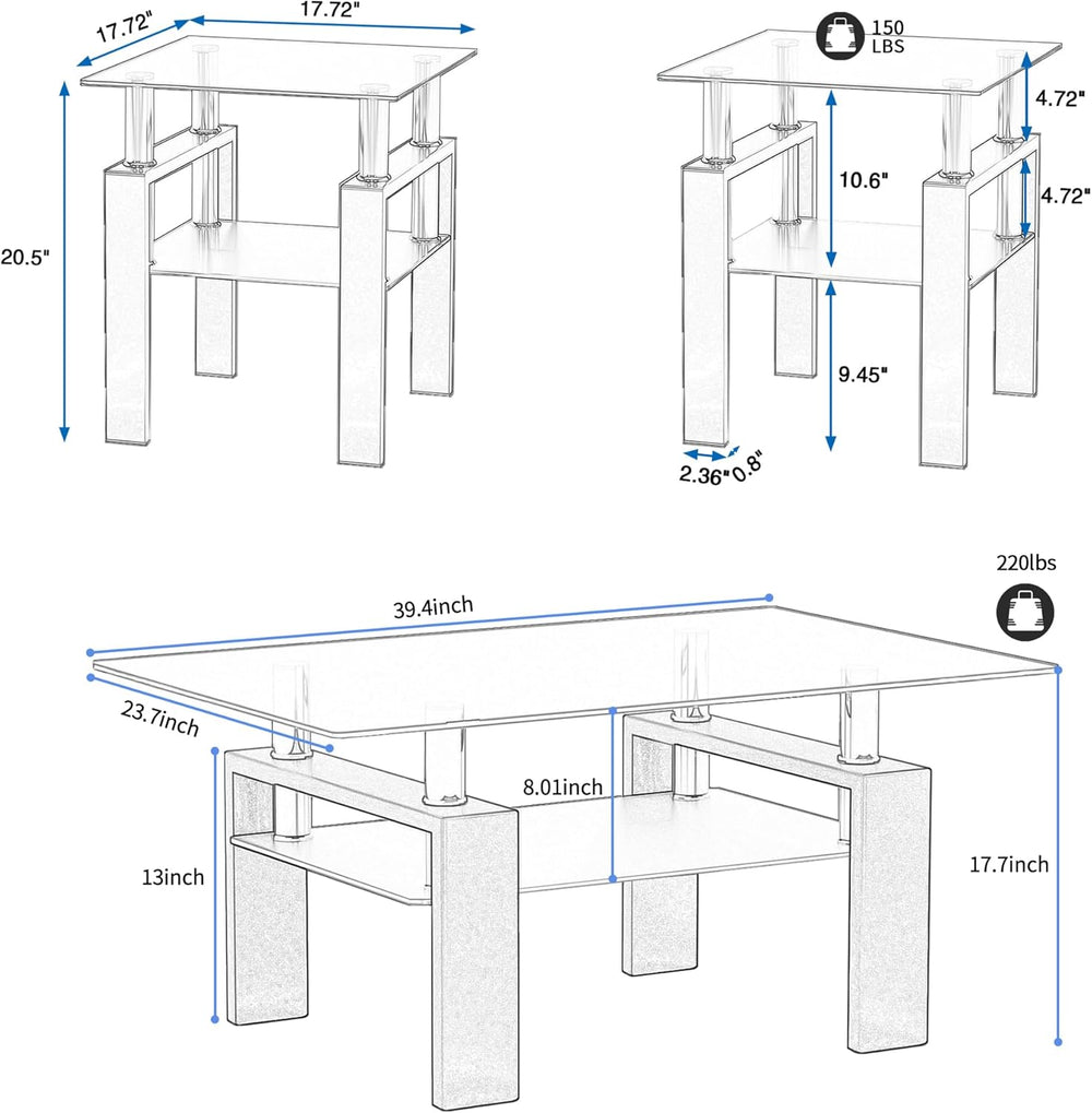3 Piece Living Room Table Set, Glass Coffee Table and End Table Set of 3, Cof...
