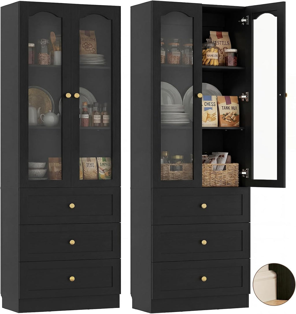 Cyclysio 80" Tall Pantry Cabinet for Kitchen Storage, Black Pantry Cabinet with Glass Doors & 3 Drawers - Freestanding Storage Bookcase with Built-in Baseboard Notch for Dining, Living Room