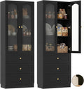 Cyclysio 80" Tall Pantry Cabinet for Kitchen Storage, Black Pantry Cabinet with Glass Doors & 3 Drawers - Freestanding Storage Bookcase with Built-in Baseboard Notch for Dining, Living Room