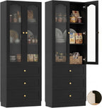Cyclysio 80" Tall Pantry Cabinet for Kitchen Storage, Black Pantry Cabinet with Glass Doors & 3 Drawers - Freestanding Storage Bookcase with Built-in Baseboard Notch for Dining, Living Room