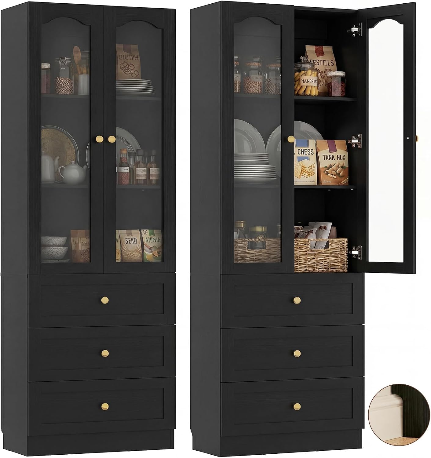 Cyclysio 80" Tall Pantry Cabinet for Kitchen Storage, Black Pantry Cabinet with Glass Doors & 3 Drawers - Freestanding Storage Bookcase with Built-in Baseboard Notch for Dining, Living Room