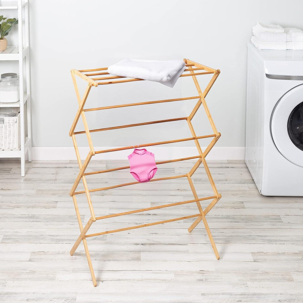 Collapsible Bamboo Drying Rack – Foldable Laundry Drying Stand for Indoor/Outdoor Use – Space-Saving Clothes Rack for Towels, Blankets & Delicates
