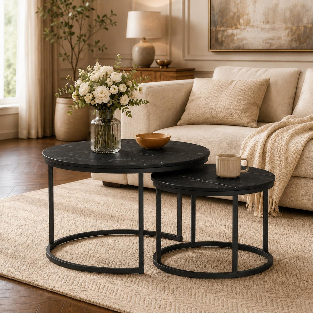 Nesting Coffee Table Set of 2，Black + Black | 27.6'' Industrial Coffe...