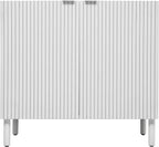 Sango Merk 2-Door Cabinet, Modern White Storage Cabinet with Vertical Groove Doors, Adjustable Shelf, Cylindrical Wood Legs, Discreet Metal Finger Pulls, Stylish Furniture for Living or Dining Room