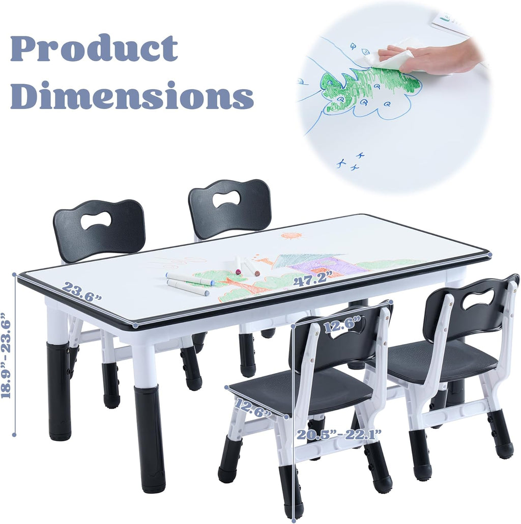 Kids Table and 4 Chairs Set, Height Adjustable Toddler Table and Chair Set, Toddler Desk with Graffiti Desktop & Non-Slip Legs, Children Activity Table for Daycare, Classroom (Black)