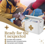Flexzion First Aid Box Organizer Empty 13" White Vintage First Aid Kit Tin Metal Medical Box - First Aid Storage Box Container Bins with Dividers, Removable Tray and Gold Cross Logo