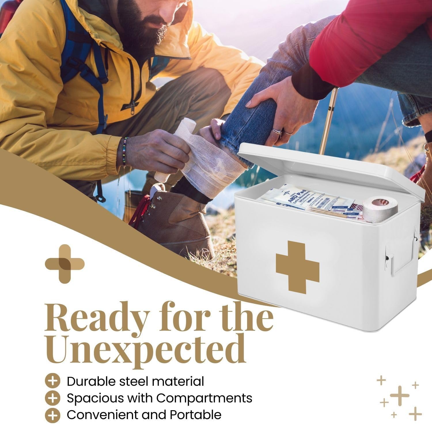 Flexzion First Aid Box Organizer Empty 13" White Vintage First Aid Kit Tin Metal Medical Box - First Aid Storage Box Container Bins with Dividers, Removable Tray and Gold Cross Logo