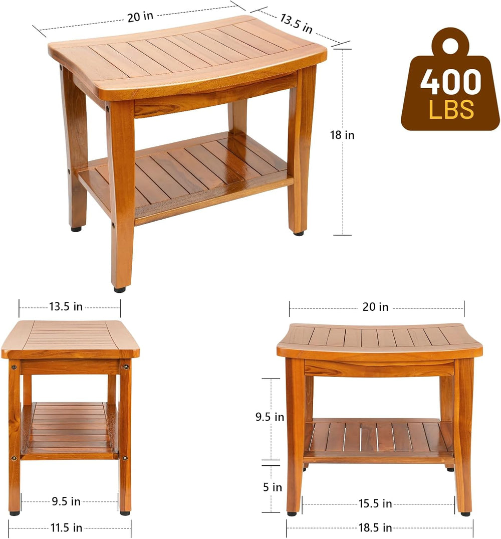 20" Premium Teak Shower Bench with Shelf & Handle, Solid Teak Shower...