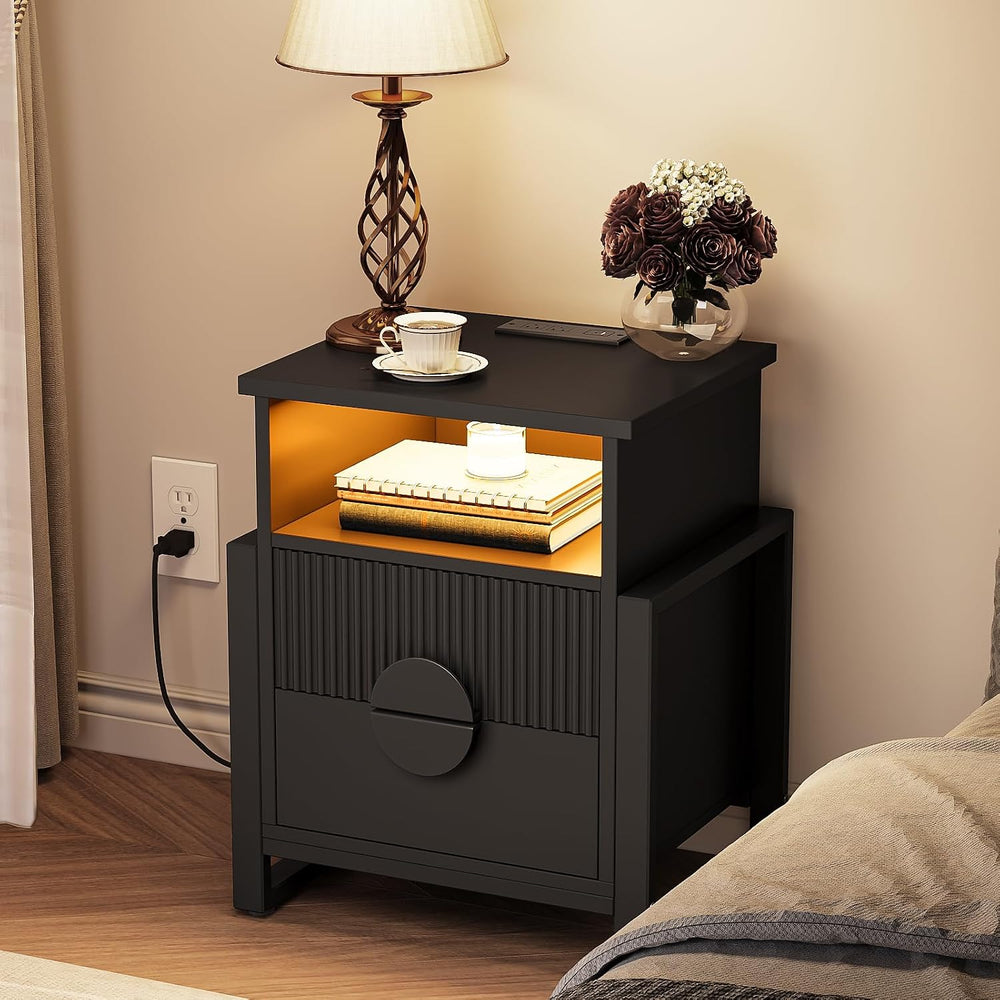 LGHM Set of 2 Fluted Nightstand with Charger Station Strip Lights, 20.47&quot...