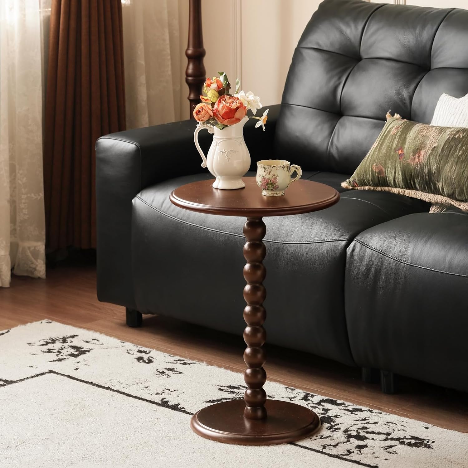 Pedestal Side Table, Small Round Side Table for Small Spaces, Drink Table with 100% Solid Wood Leg, Round Coffee End Table for Living Room, Bedroom, Corners, and Office (Poplar Wood, Walnut)