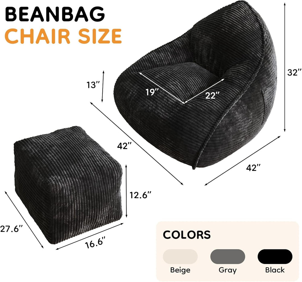 Cloud Large Bean Bag Chair with Ottoman, Corduroy Fabric+35D Memory Foam Big ...