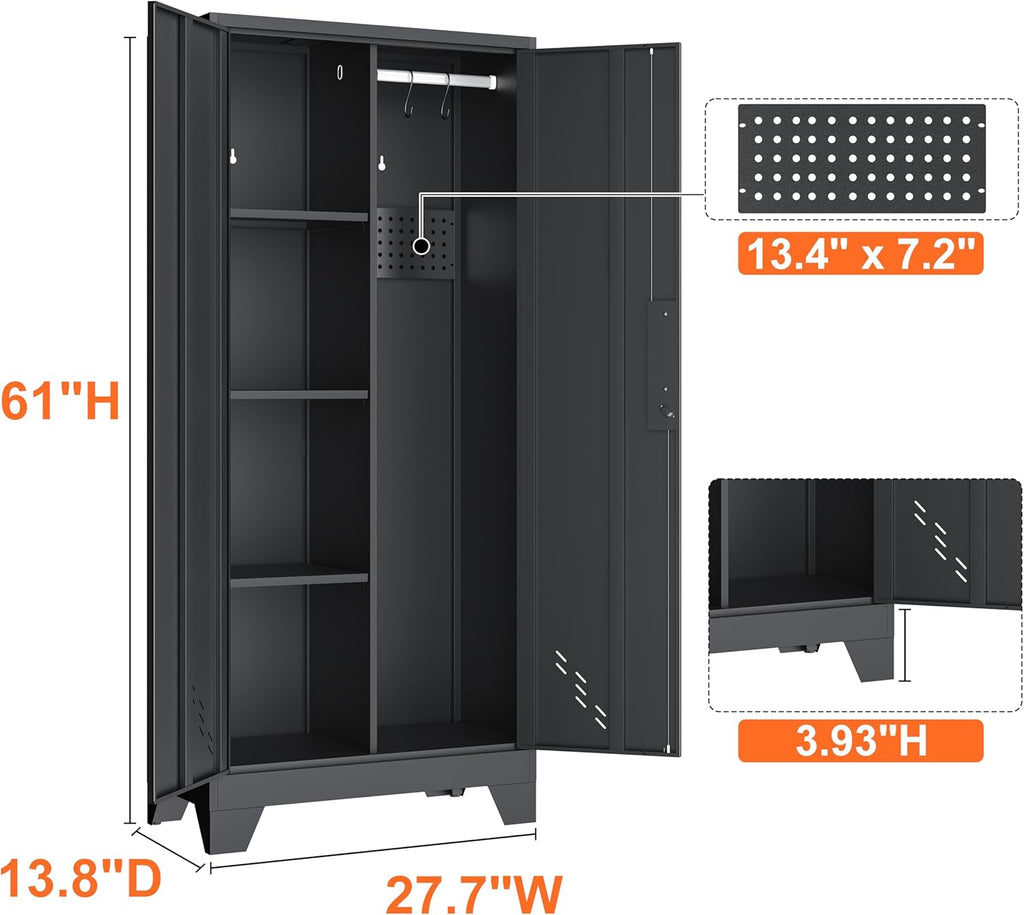 Storage Cabinet 61" H, Metal Outdoor Sheds with Shelves for Tools Storage, Cleaning Supplies Closet with Removable Pegboard for Outdoor, Garage, Utility Room