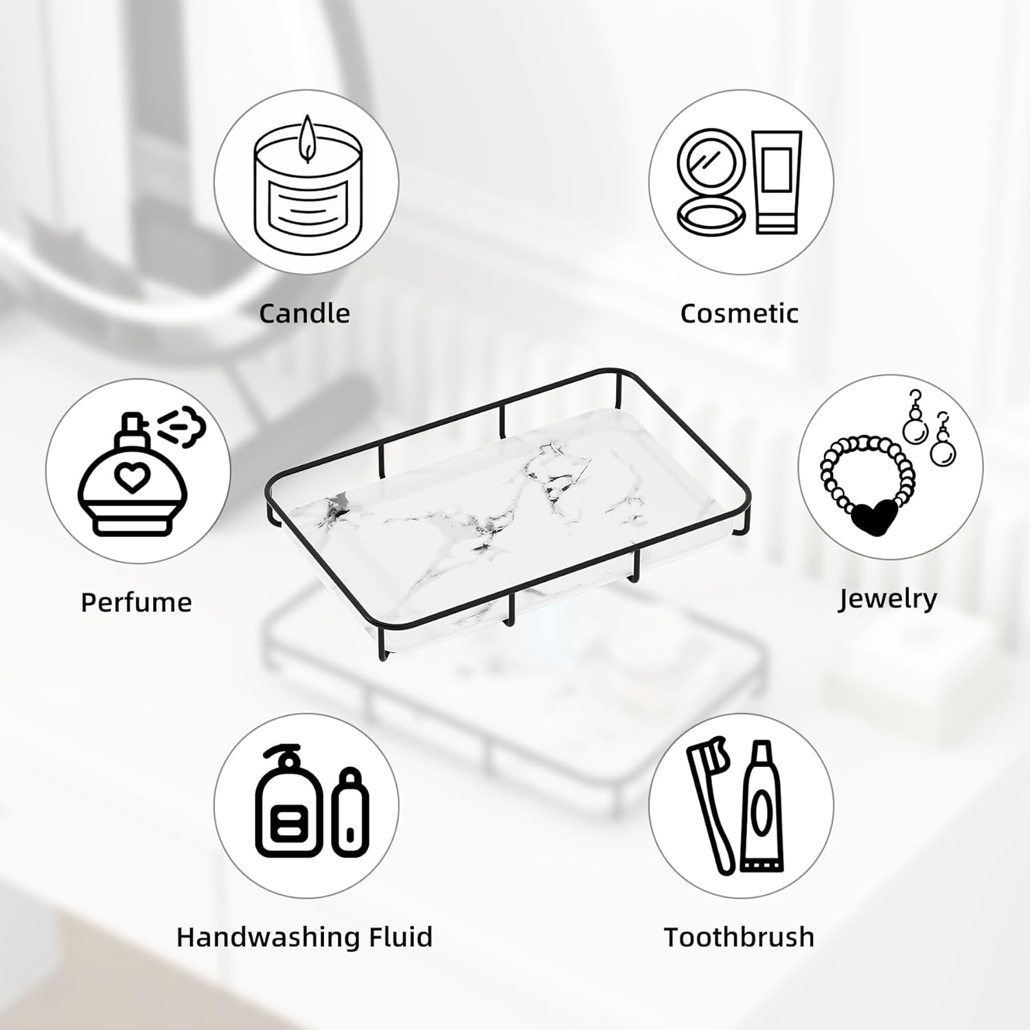 Vanity Tray Makeup Organizer Cosmetics Storage Bathroom Skincare Organizer Countertop Display Rack in Dresser Stainless Steel Shelf Marble Print Ceramic Trays