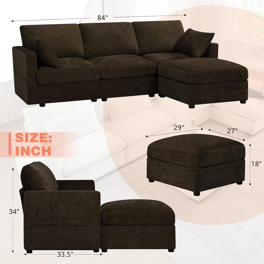 84” Chenille 3-Seats Sofa W/Movable Ottoman, Brown | Modern Fabric L-Shaped C...
