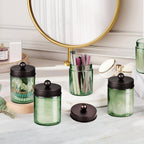 Amolliar Sage Green Apothecary Glass Jar With Metal Lid & Stickers, Bathroom Qtip Holder Storage Canister, Farmhouse Decor for Cotton Balls, Cotton Swabs, Makeup Pads, Bath Salt, Floss, Bronze 1 Pack