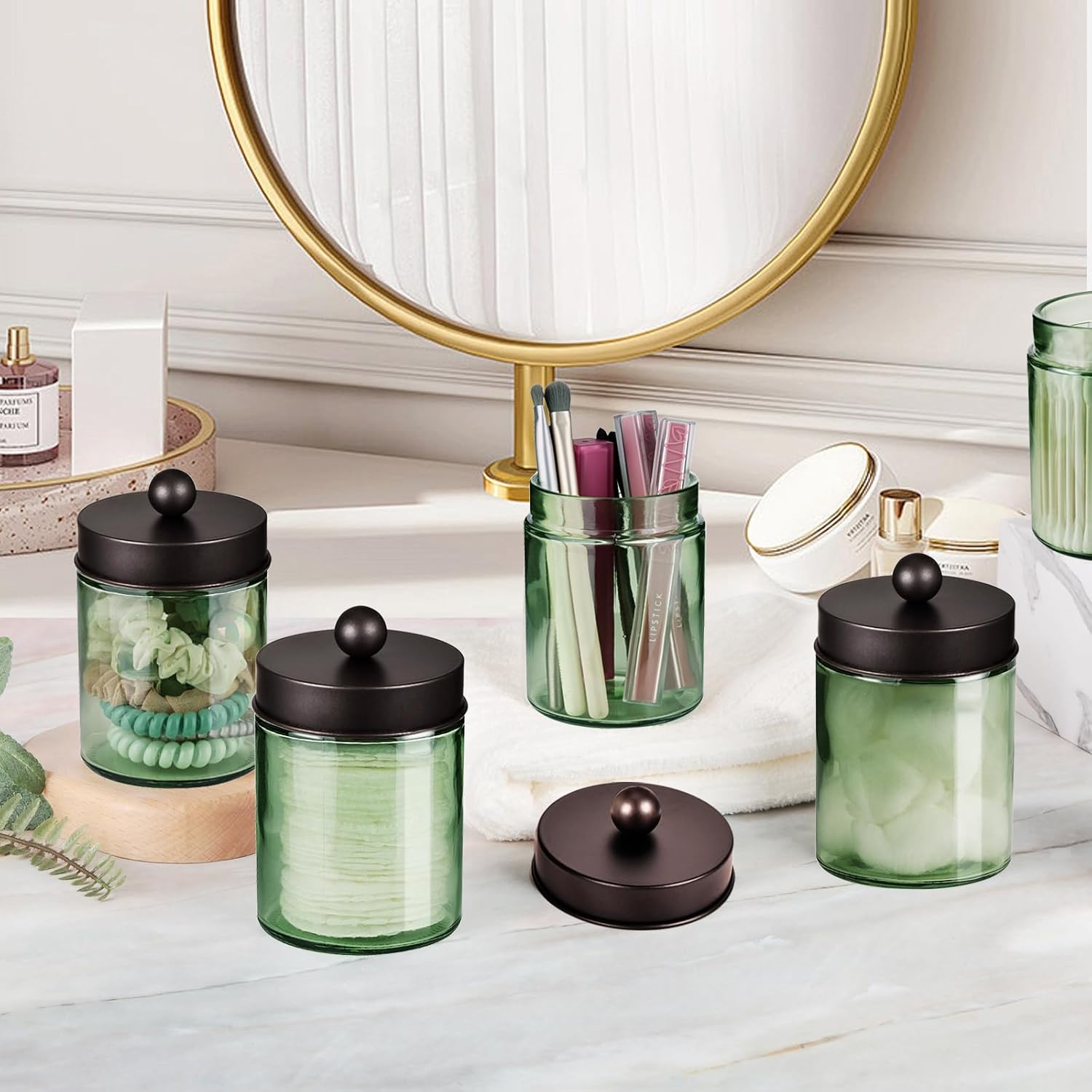 Amolliar Sage Green Apothecary Glass Jar With Metal Lid & Stickers, Bathroom Qtip Holder Storage Canister, Farmhouse Decor for Cotton Balls, Cotton Swabs, Makeup Pads, Bath Salt, Floss, Bronze 1 Pack