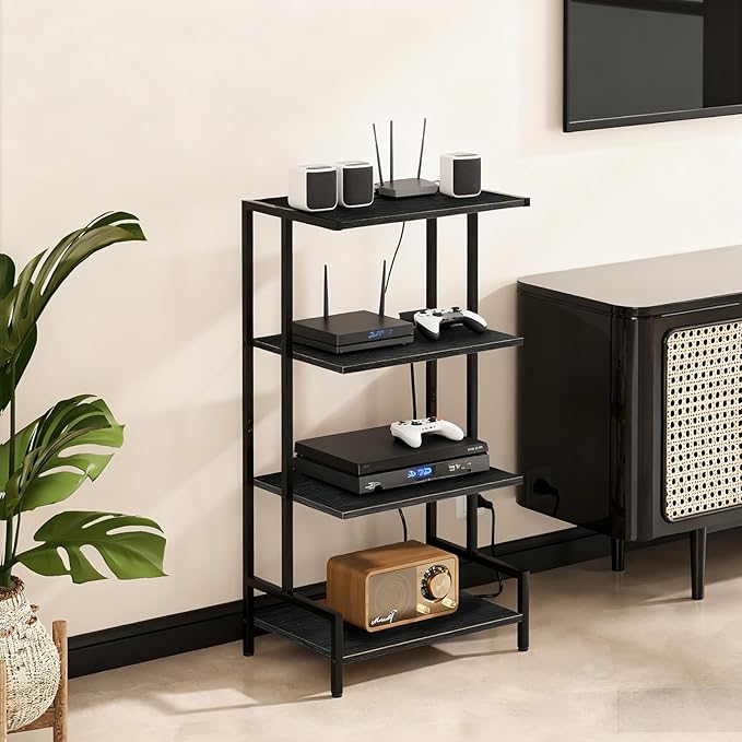 4-Tier AV Media Stand with Power Outlet and LED Lights,Wooden Stereo Stand Ca...