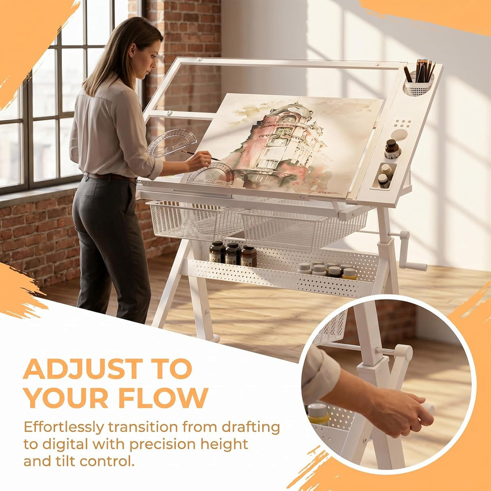Drafting Table w/Art Stool, Hand Crank Height Adjustable Drawing Desk for Adu...