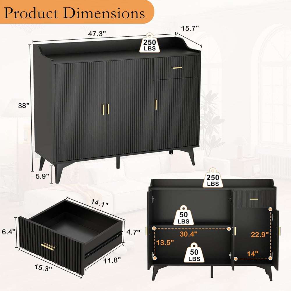 Sideboard Buffet Cabinet with Drawers: 47" Black Fluted Sideboard Cabine...