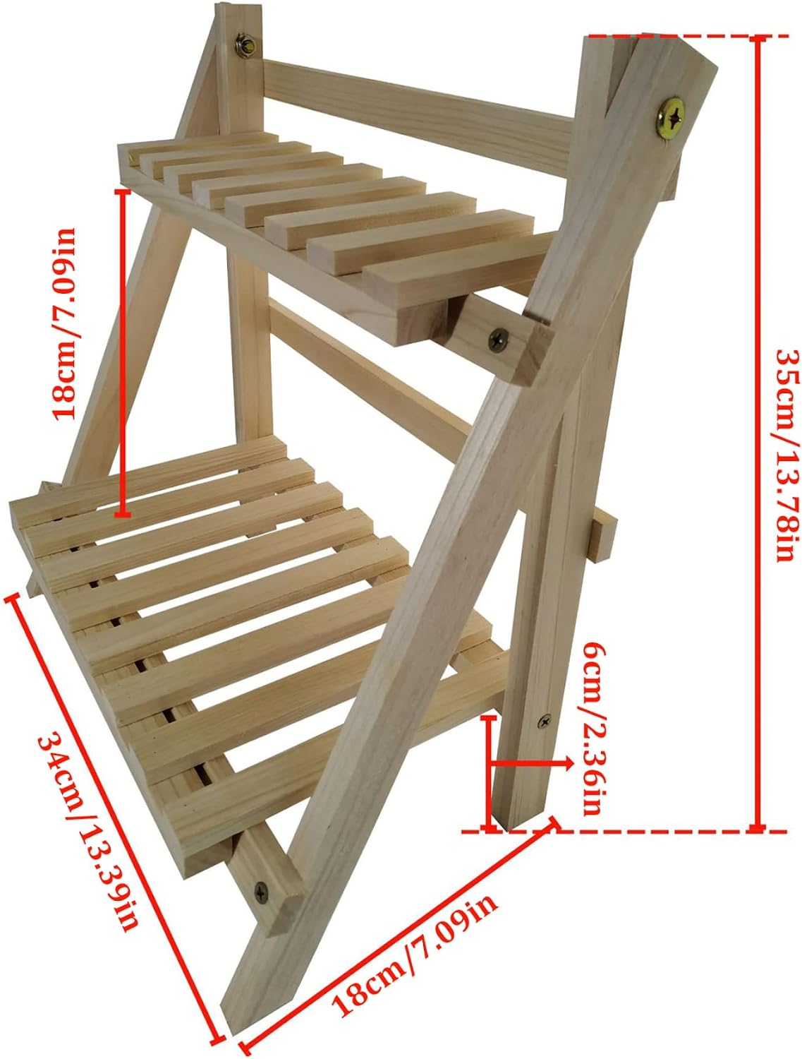 2 Tier Wooden Ladder Shelf for Table Shelf Unit 34x18x35cm Foldable Standing Simple Style Trapezoidal Flower Ladder Stand for Garden Living Room Bedroom