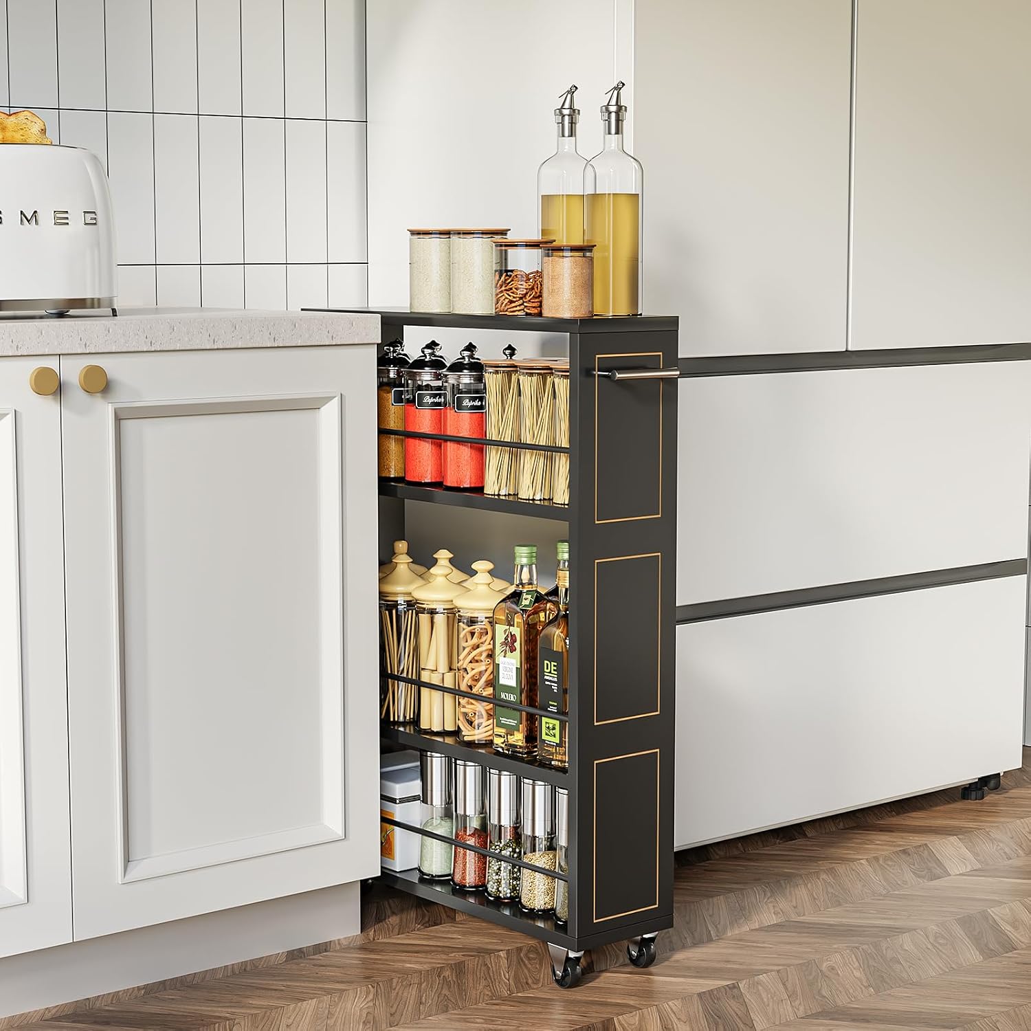 KLM 4 Tier Black Slim Storage Cart with Handle, Slide Out Storage Rolling Utility Cart for Kitchen, Laundry, Narrow Places-6.7" W