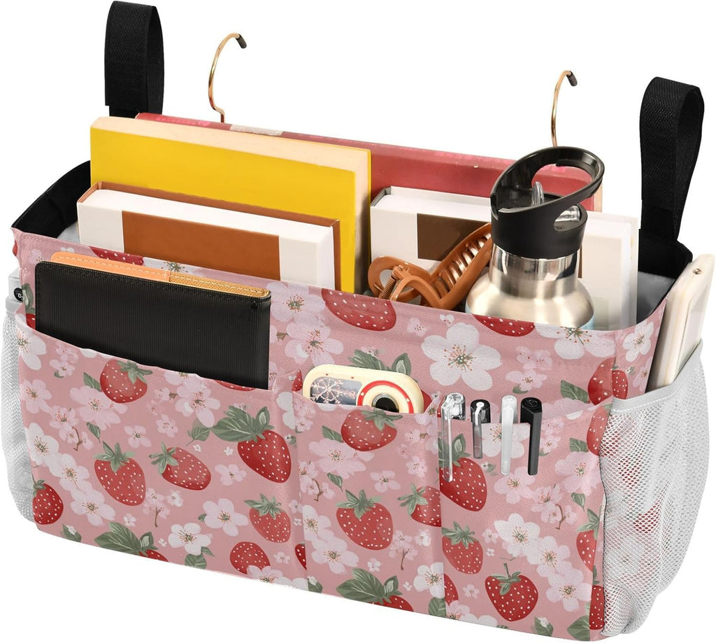 Pink Blossoms and Strawberries Bedside Caddy for Dorm Bed Bedside Hanging Caddy Bag Iron Frame Storage Organizer Pocket for Bunk Home College Hospital Beds 2 Hooks