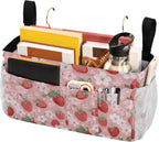 Pink Blossoms and Strawberries Bedside Caddy for Dorm Bed Bedside Hanging Caddy Bag Iron Frame Storage Organizer Pocket for Bunk Home College Hospital Beds 2 Hooks
