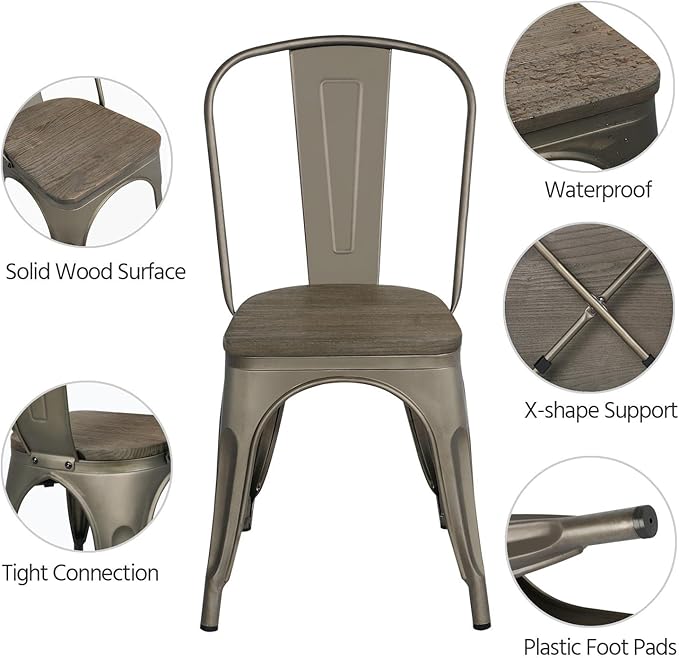 Yaheetech Metal Dining Chairs Set of 4, Industrial Stackable Kitchen Chairs with Wood Top Seat for Dining Room/Restaurant/Bistro/Patio, Indoor & Outdoor Use, Gun Metal