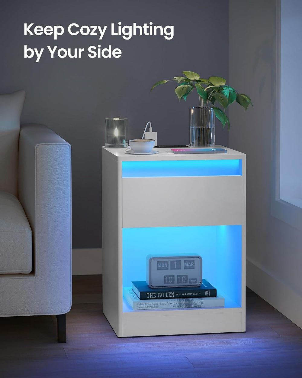 VASAGLE KAILYN Collection - LED Nightstand with Charging Station, 2 AC Outlet...