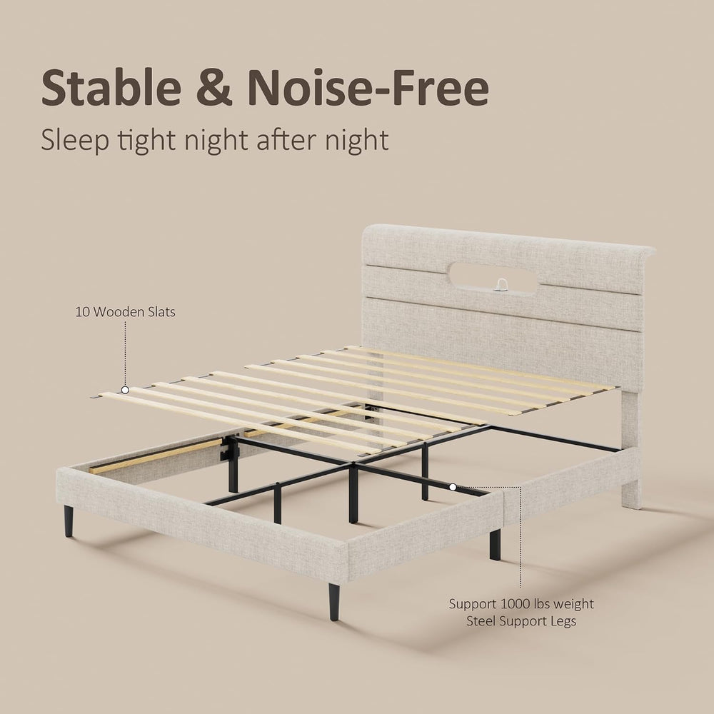 Sismplly Full Bed Frame with Linen Headboard, Platform Bed Frame with Upholst...