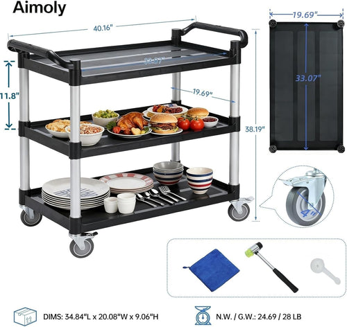 3-Tier Rolling Utility Cart with Wheels, 540 lbs Capacity Service Cart, Commercial Kitchen Cart with 4 Lockable Swivel Casters for Restaurant/Home/Warehouse/Office (40 x 20 x 38 in)