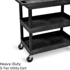 Tubstr 3-Tier Rolling Utility Cart 2-Pack | Each Supports up to 300 lbs. Heavy-Duty Shelf Cart for Garage Storage, Office Spaces, & Kitchen Use | Durable Tool Cart with Locking Wheels (Black, 32 x 18)