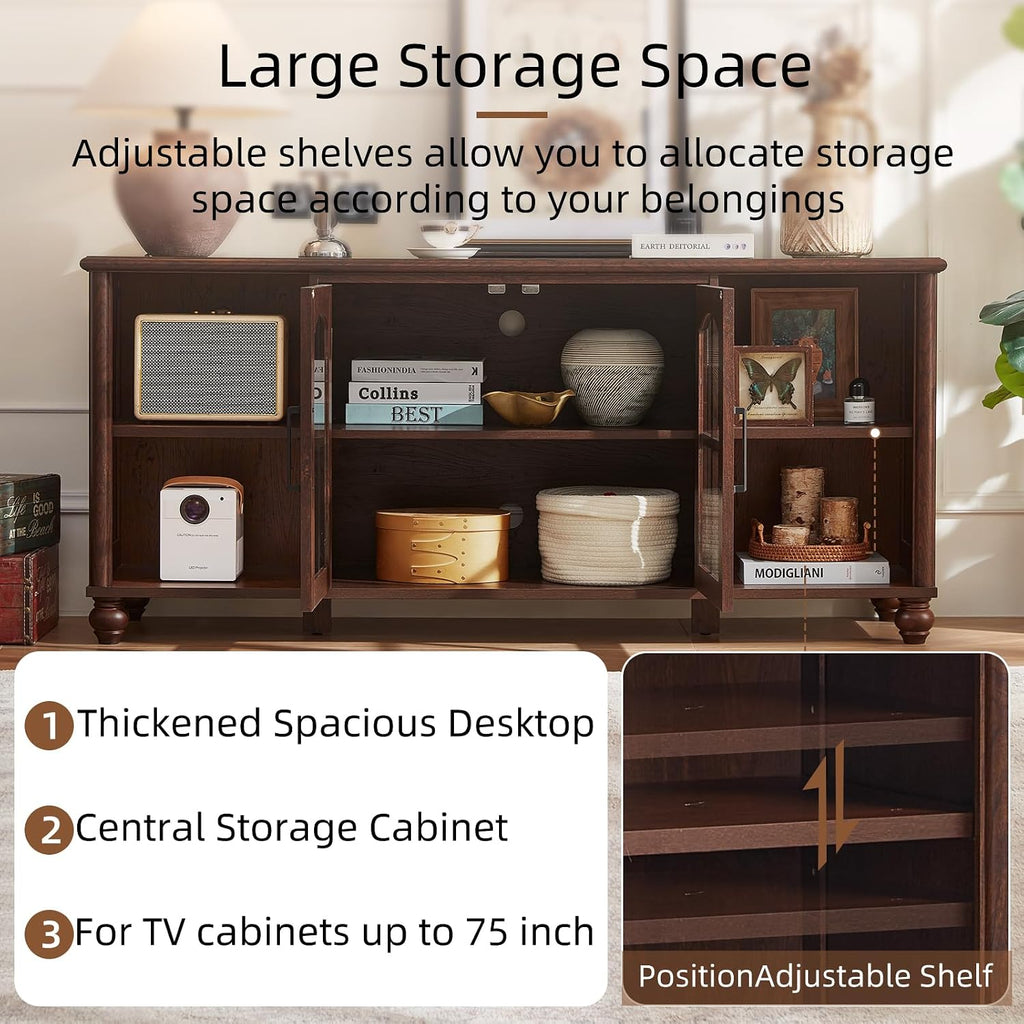 RWYHG Farmhouse TV Stand for 60 in TV, Entertainment Center for Living Room | Adjustable Shelves, Magnetic Glass Door, Sturdy Gourd Base, Wood Grain Top, High Capacity Storage Cabinet, Walnut