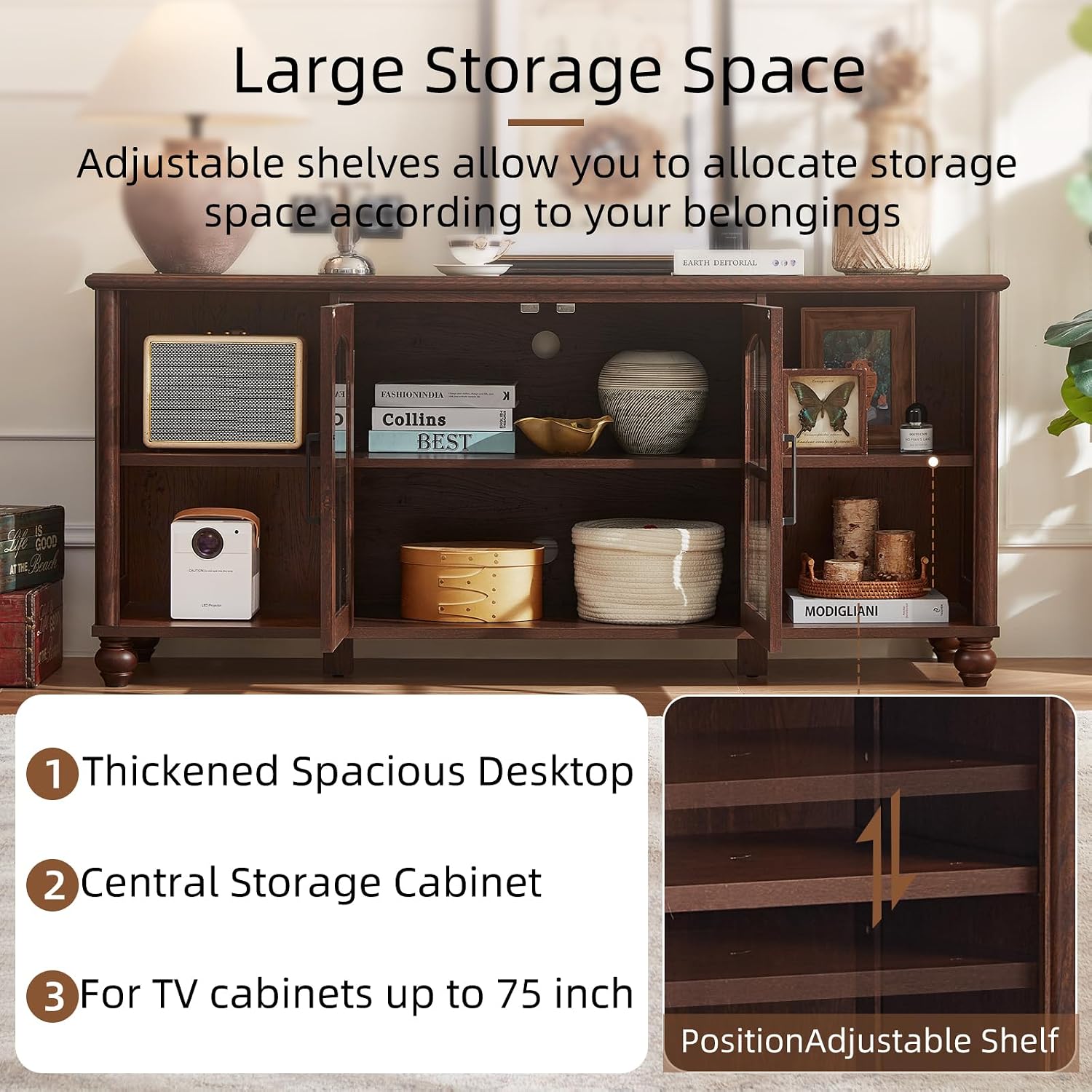 RWYHG Farmhouse TV Stand for 60 in TV, Entertainment Center for Living Room | Adjustable Shelves, Magnetic Glass Door, Sturdy Gourd Base, Wood Grain Top, High Capacity Storage Cabinet, Walnut