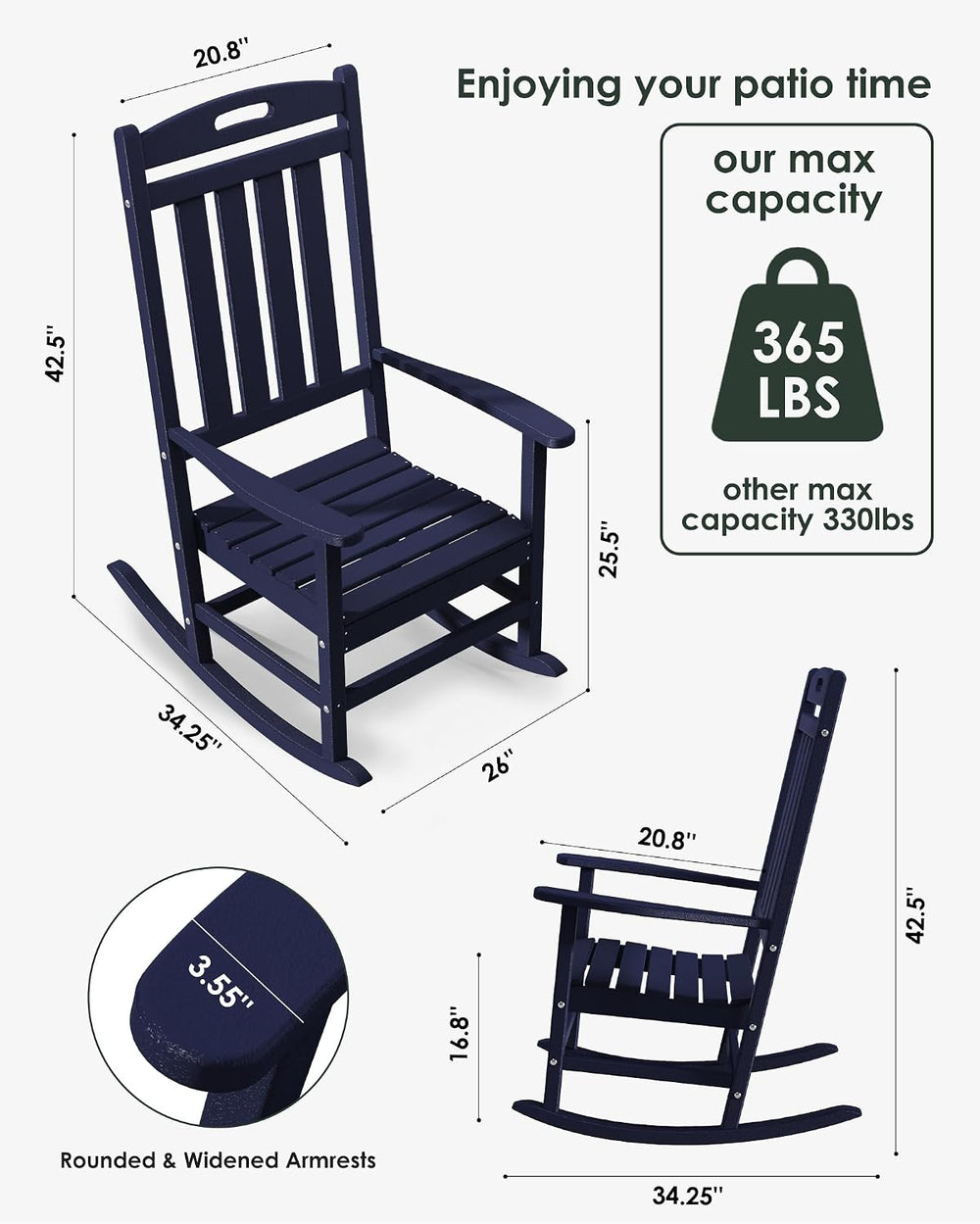 Outdoor Rocking Chair Set of 4, All-Weather Resistant Poly Lumber Rocker Chai...