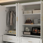 74.2" Tall Closet Storage Cabinet for Bedroom, Almirah for Clothes,White Standing Wardrobe Storage Closet Cabinet with 4 Doors and Shelves, Armoire Wardrobe with 4 Drawers and Hanging Rod