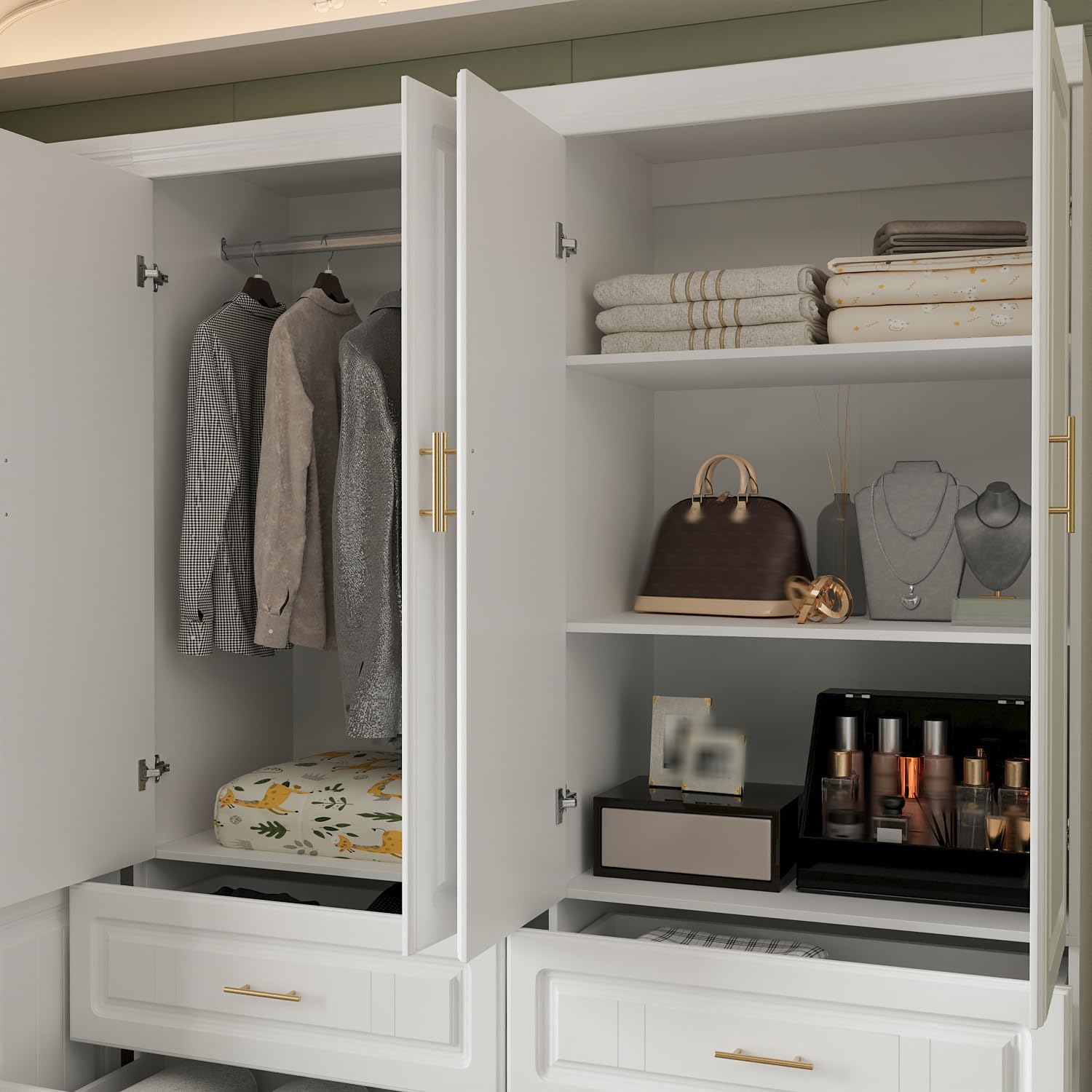 74.2" Tall Closet Storage Cabinet for Bedroom, Almirah for Clothes,White Standing Wardrobe Storage Closet Cabinet with 4 Doors and Shelves, Armoire Wardrobe with 4 Drawers and Hanging Rod
