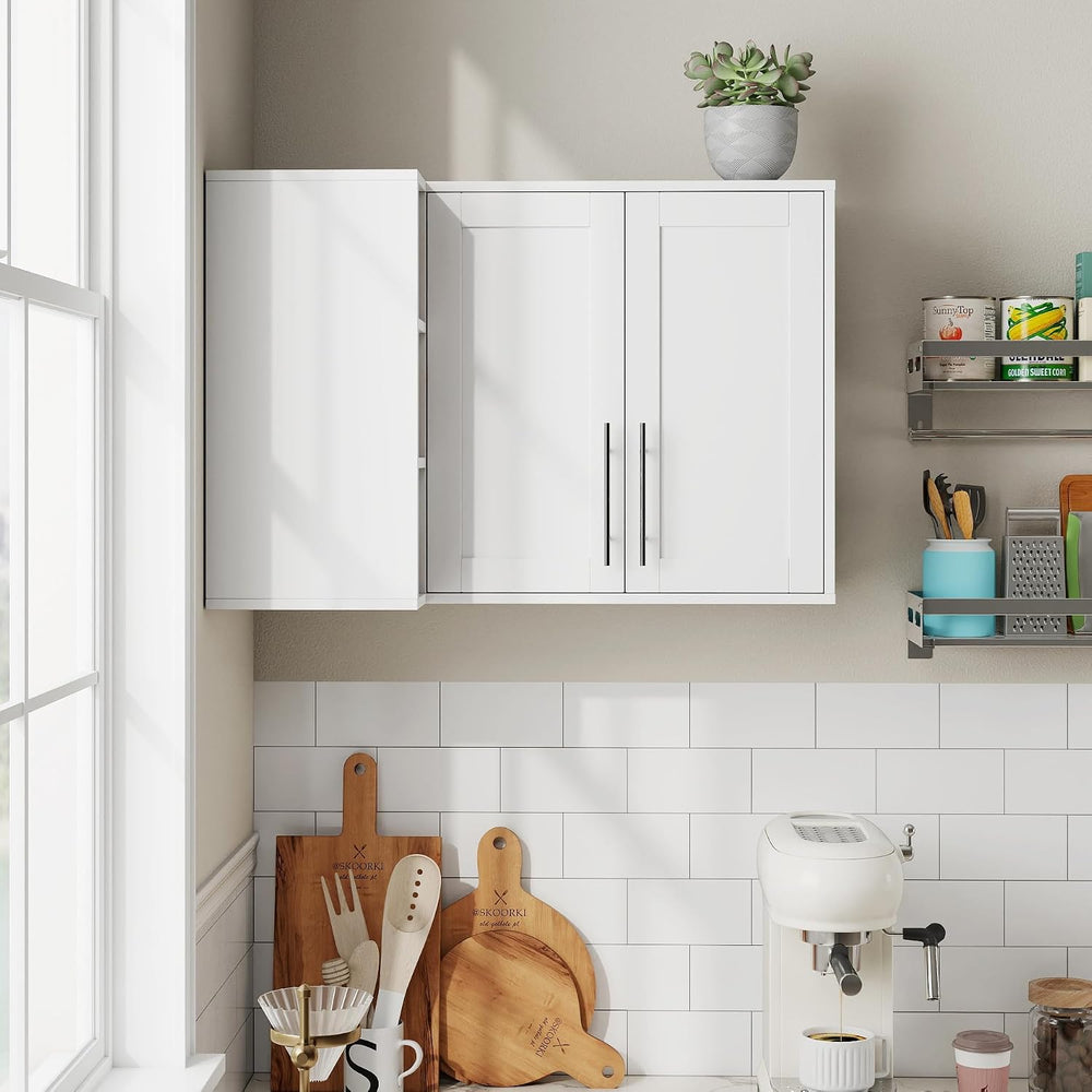 L Shape Wall Mounted Storage Cabinet, White Floating Sideboard Buffet Cabinet...