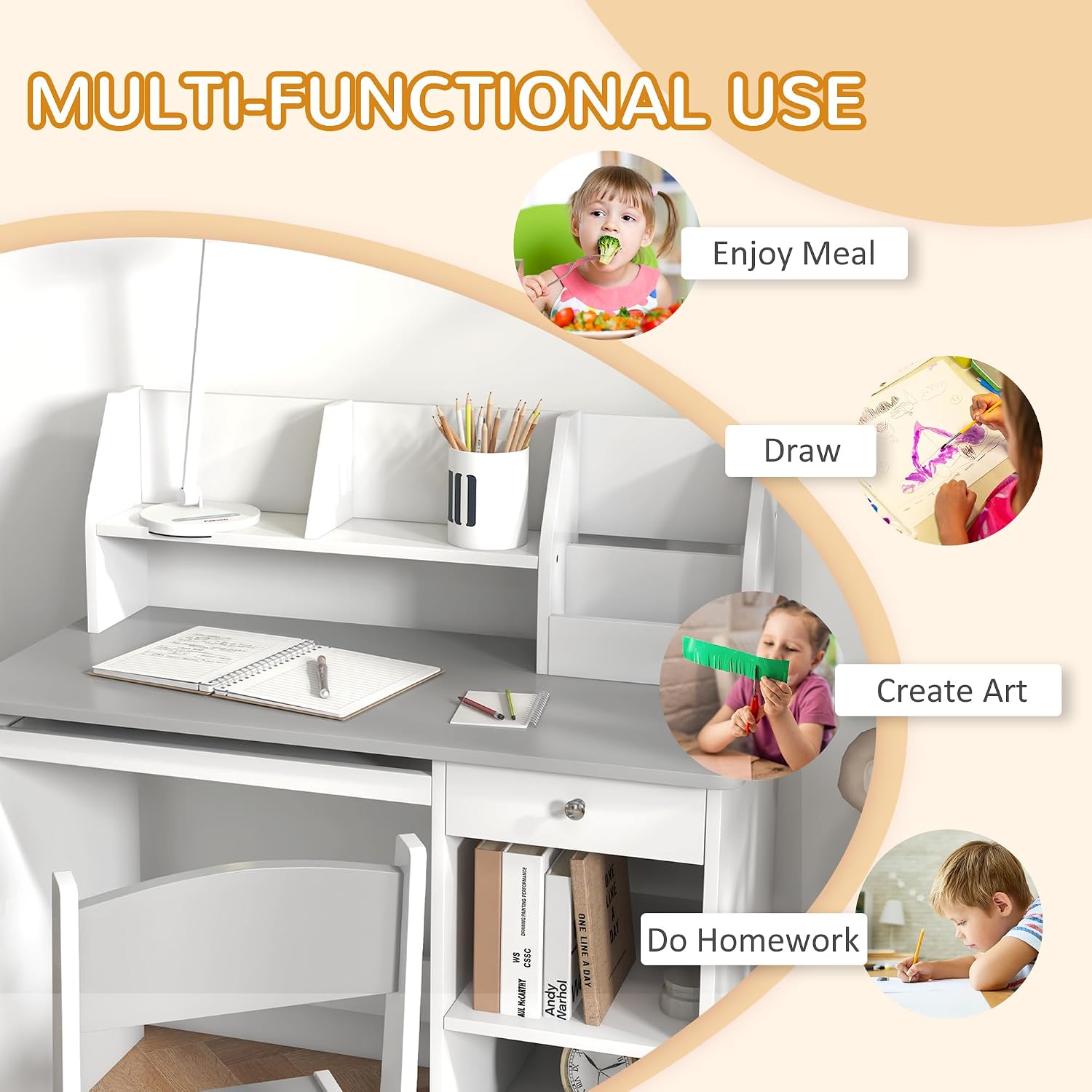 Qaba Kids Desk and Chair Set with Storage, Study Desk with Chair for Children 5-8 Years Old, Gray