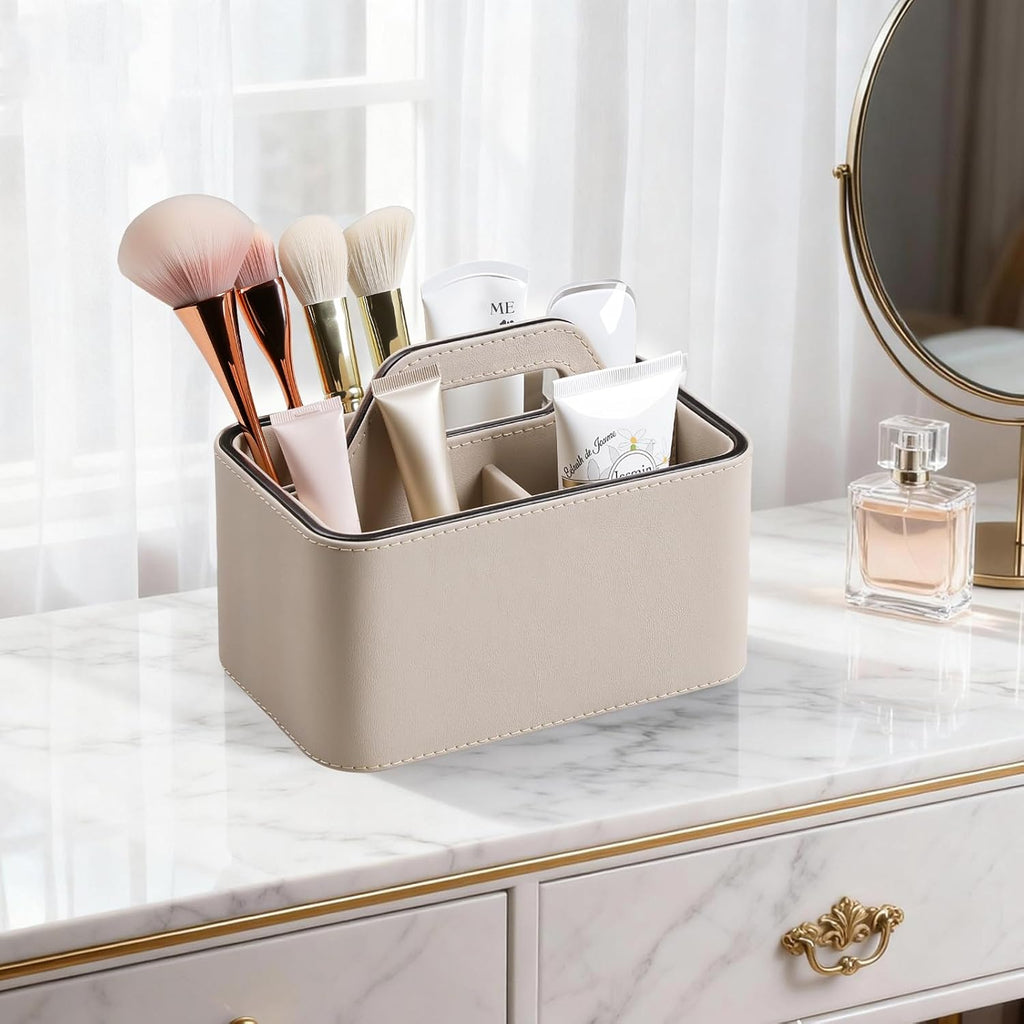 Caddy Organizer with Handle, PU Leather Remote Control Holder Desk Caddy, Portable Makeup Office Supply Organizer for Bathroom, Nightstand, Dresser (Beige)