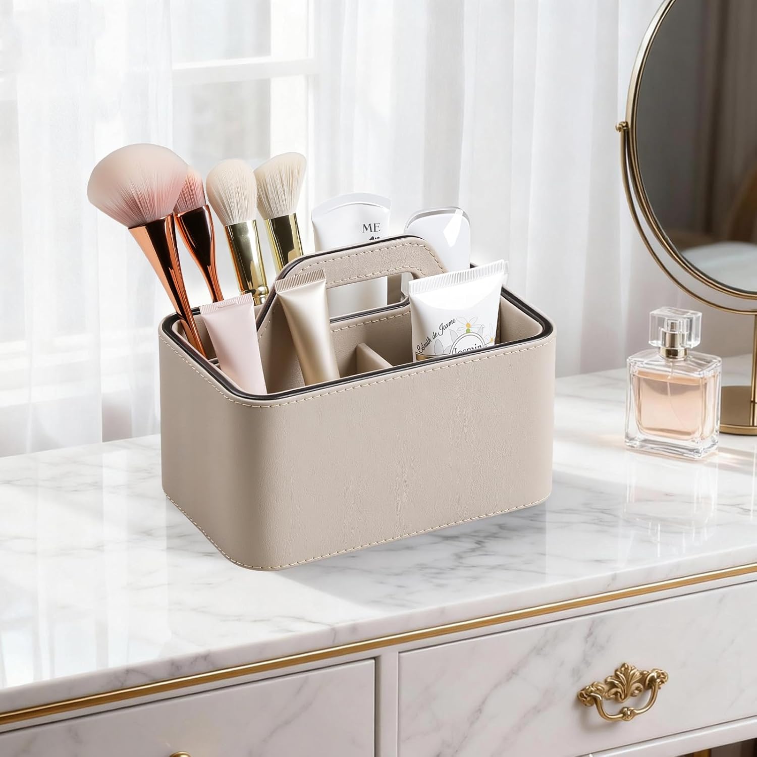 Caddy Organizer with Handle, PU Leather Remote Control Holder Desk Caddy, Portable Makeup Office Supply Organizer for Bathroom, Nightstand, Dresser (Beige)