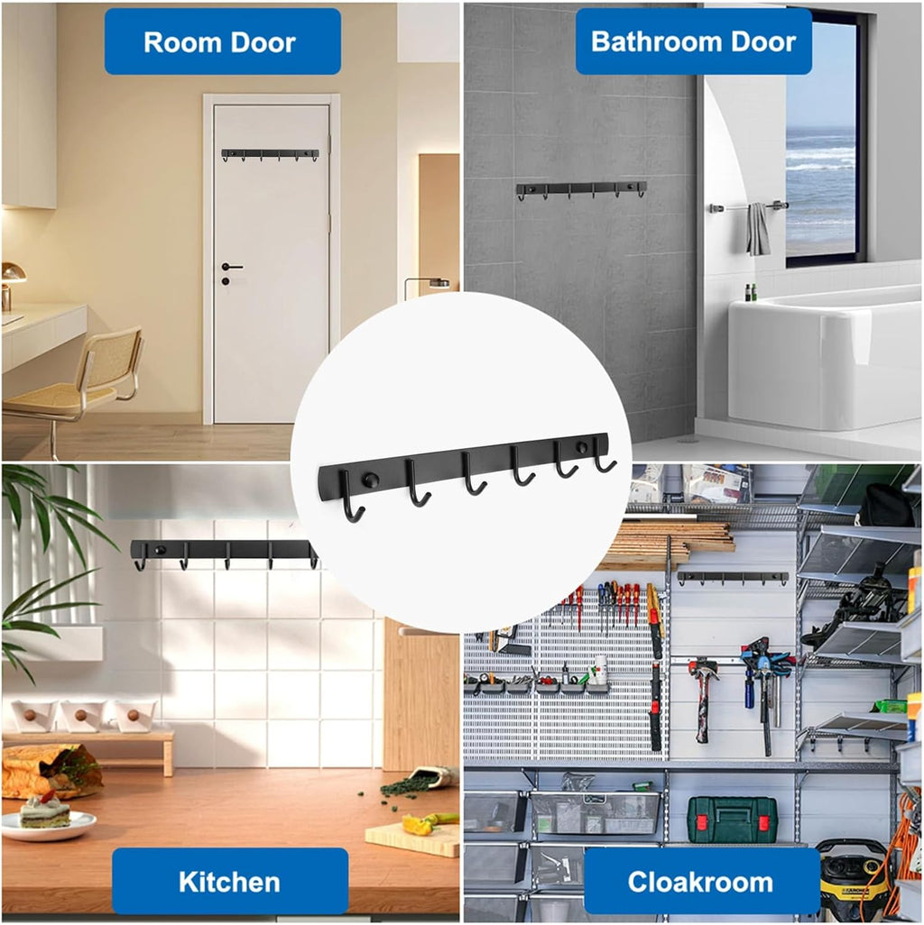 2 Pack Coat Rack Wall Mount, 12.6 in Wall Hooks for Hanging, 6 Coat Hooks for Hanging Coats Hats Towels Keys and Bags, Closet and Entryway Hanger for Bathroom Bedroom Kitchen (Black)