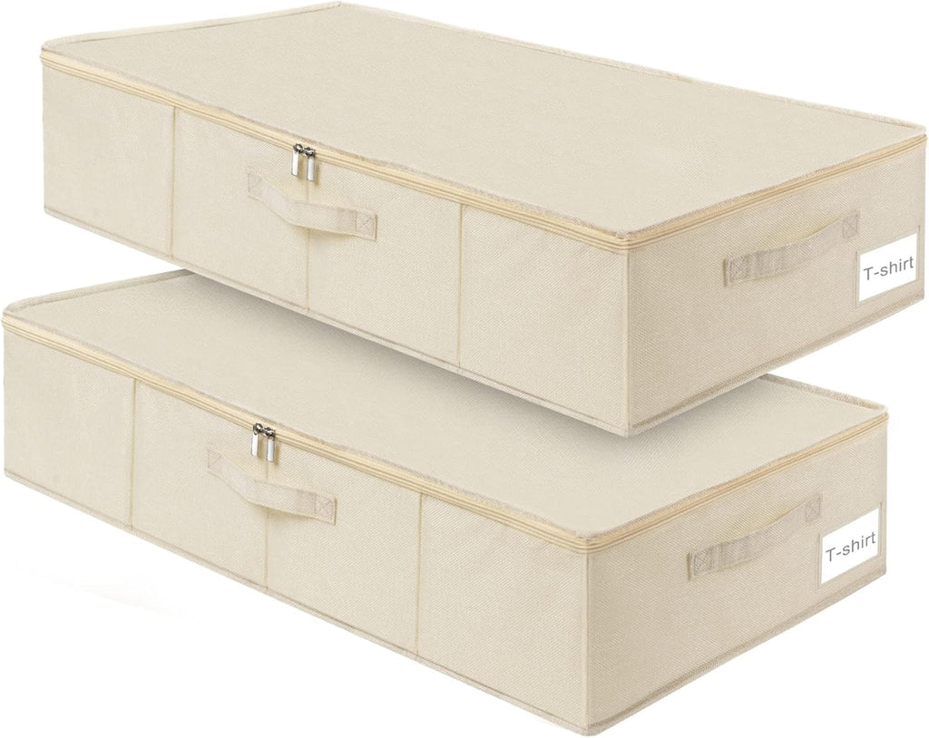 punemi Underbed Storage, 2 Pack Clothing Storage Bags W/Upgraded Handles, Large Capacity Underbed Shoe Container Organizer, Dorm Essentials Bins for Blanket, Pillows, Comforters & Quilts, Beige